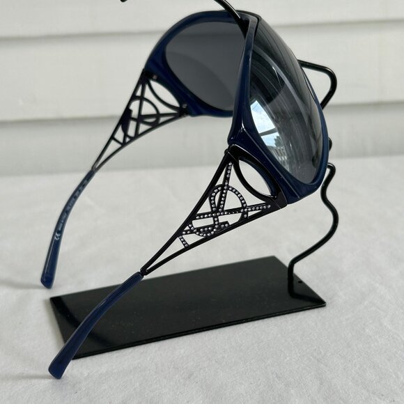 YSL 6107/S Shield Sunglasses Navy Blue Italy Made w/ Crystal Temples - Picture 9 of 14